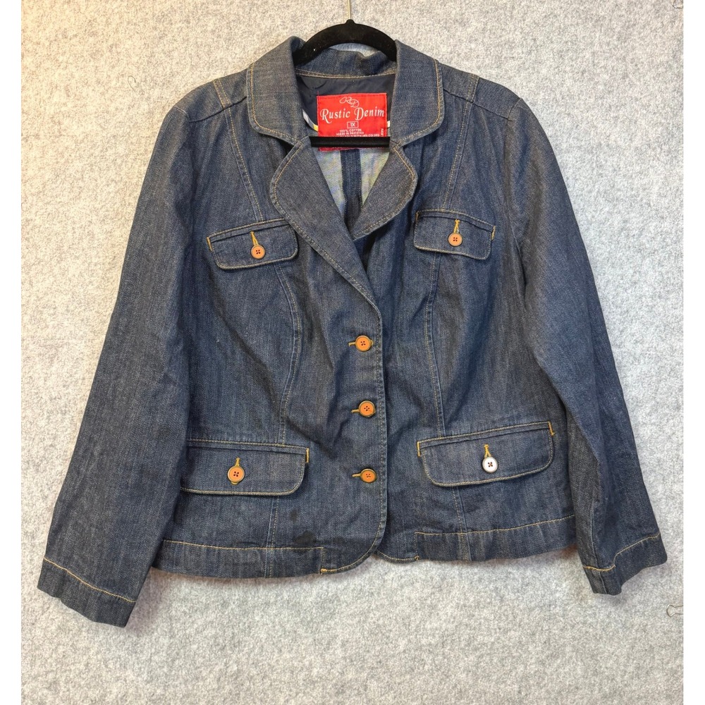 Rustic Denim Womens 1X Dark Wash Cotton Button Front Utility Trucker Jacket